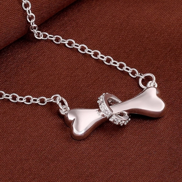 Silver Plated Dog Bone w Collar Choker Necklace - Picture 3 of 4